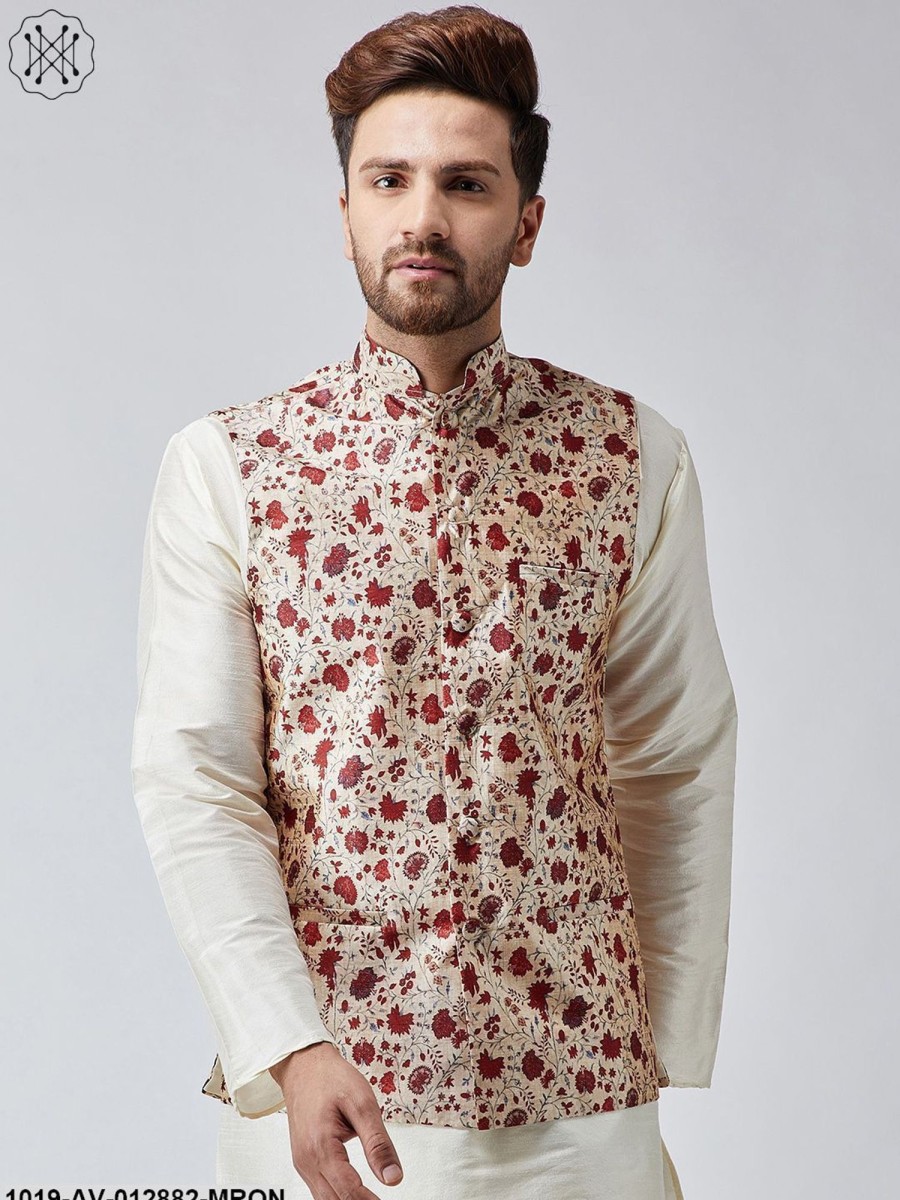 Men Sojanya | Men'S Maroon Printed Nehru Jacket - Sojanya