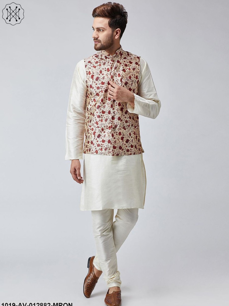 Men Sojanya | Men'S Maroon Printed Nehru Jacket - Sojanya