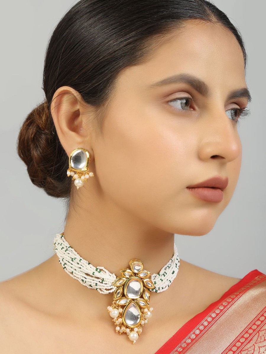 Jewellery Femizen | Women'S Pearl Beaded Kundan Choker Necklace With Earrings - Femizen White