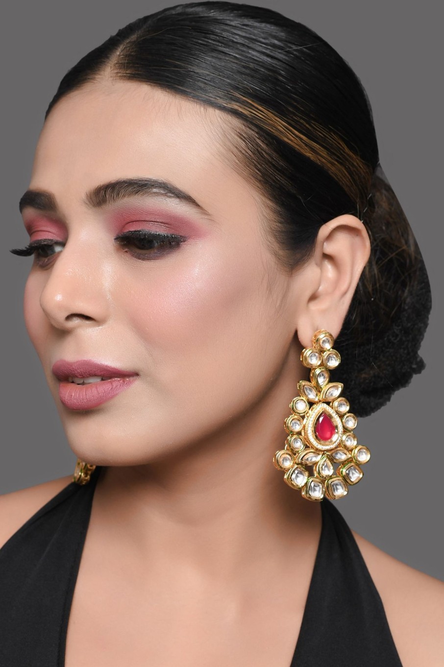 Jewellery Femizen | Women'S Red Gold Toned Kundan Inspired Earrings - Femizen