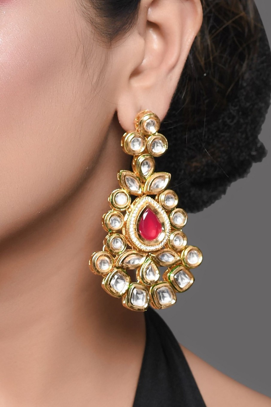 Jewellery Femizen | Women'S Red Gold Toned Kundan Inspired Earrings - Femizen