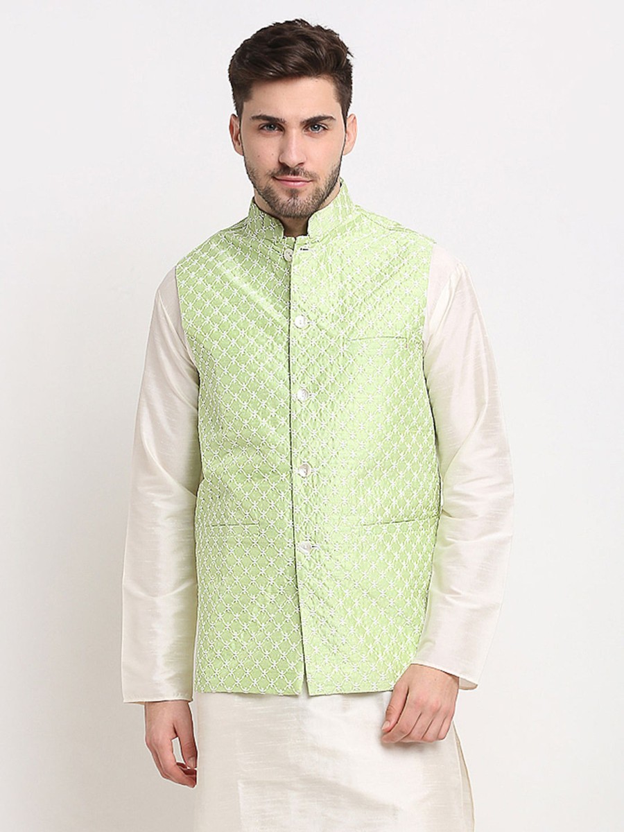 Men Virat Fashions | Men'S Green Green And White Embroidered Nehru Jacket ( Jowc 4029Green ) - Virat Fashions