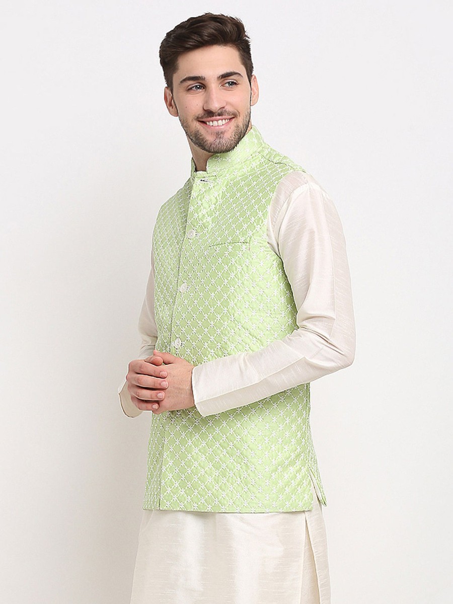 Men Virat Fashions | Men'S Green Green And White Embroidered Nehru Jacket ( Jowc 4029Green ) - Virat Fashions