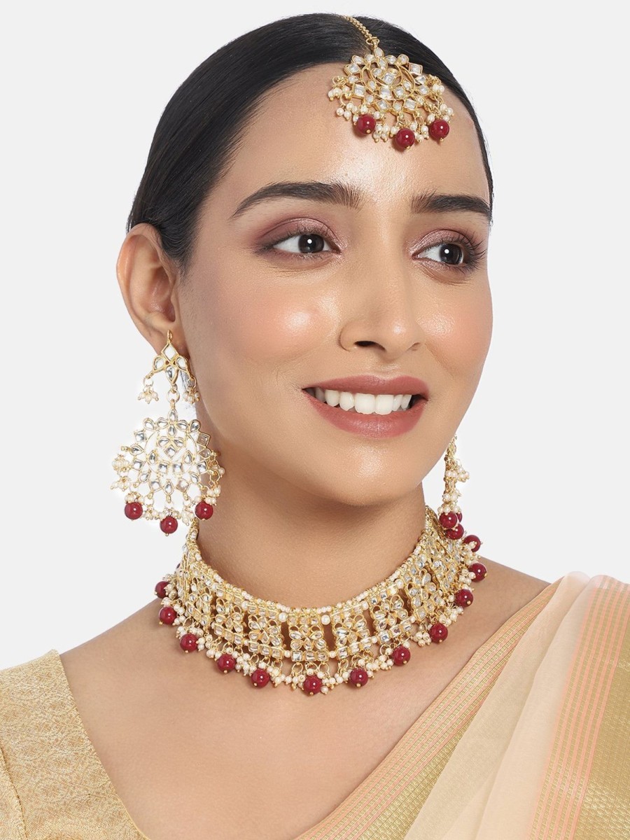 Jewellery I Jewels | Women'S Gold Plated Kundan U0026 Pearl Studded Choker Necklace Set With Earrings U0026 Maang Tikka - I Jewels Maroon