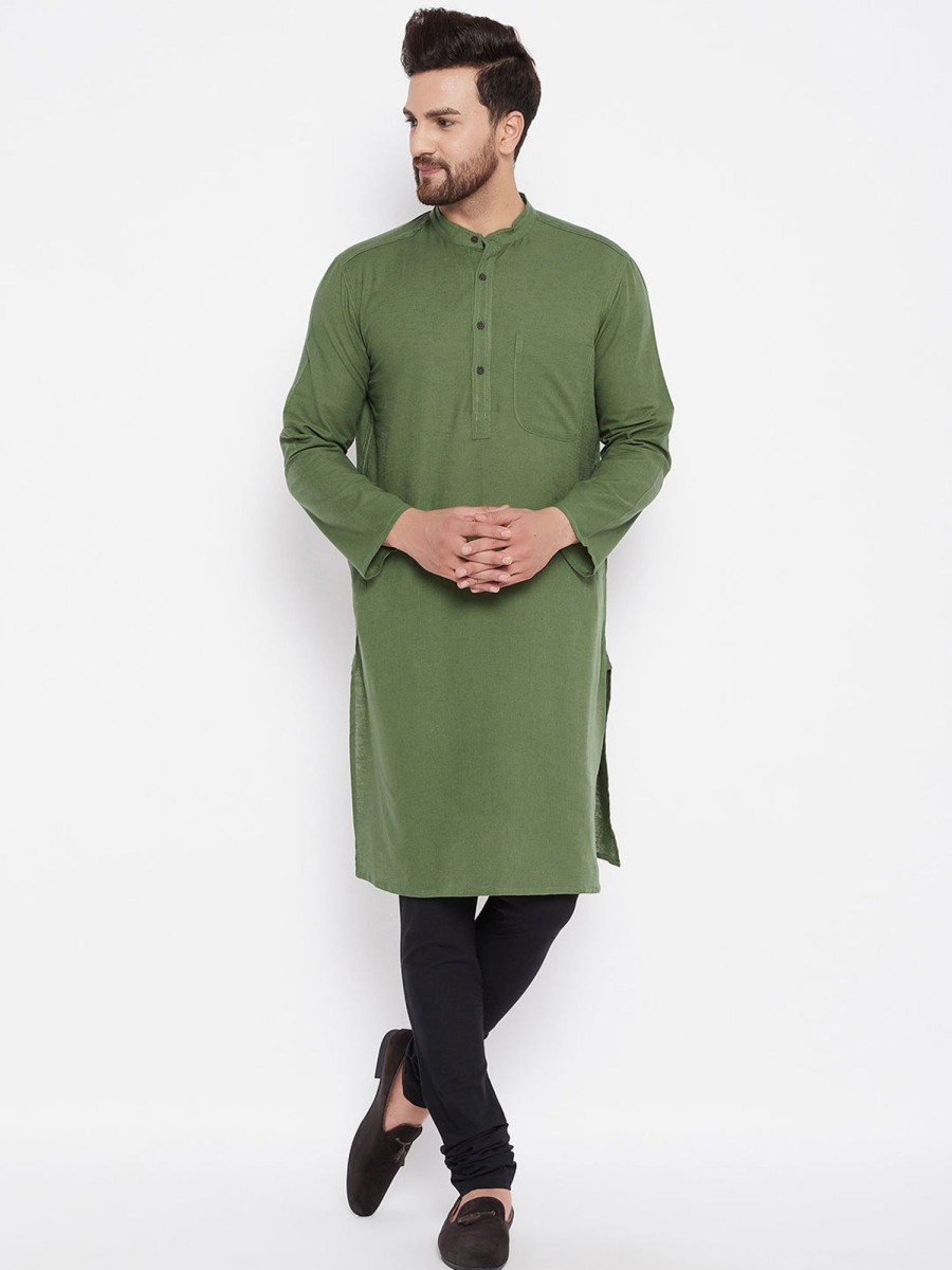 Men Even Apparels | Men'S Solid Linen Straight Kurta - Even Apparels Green