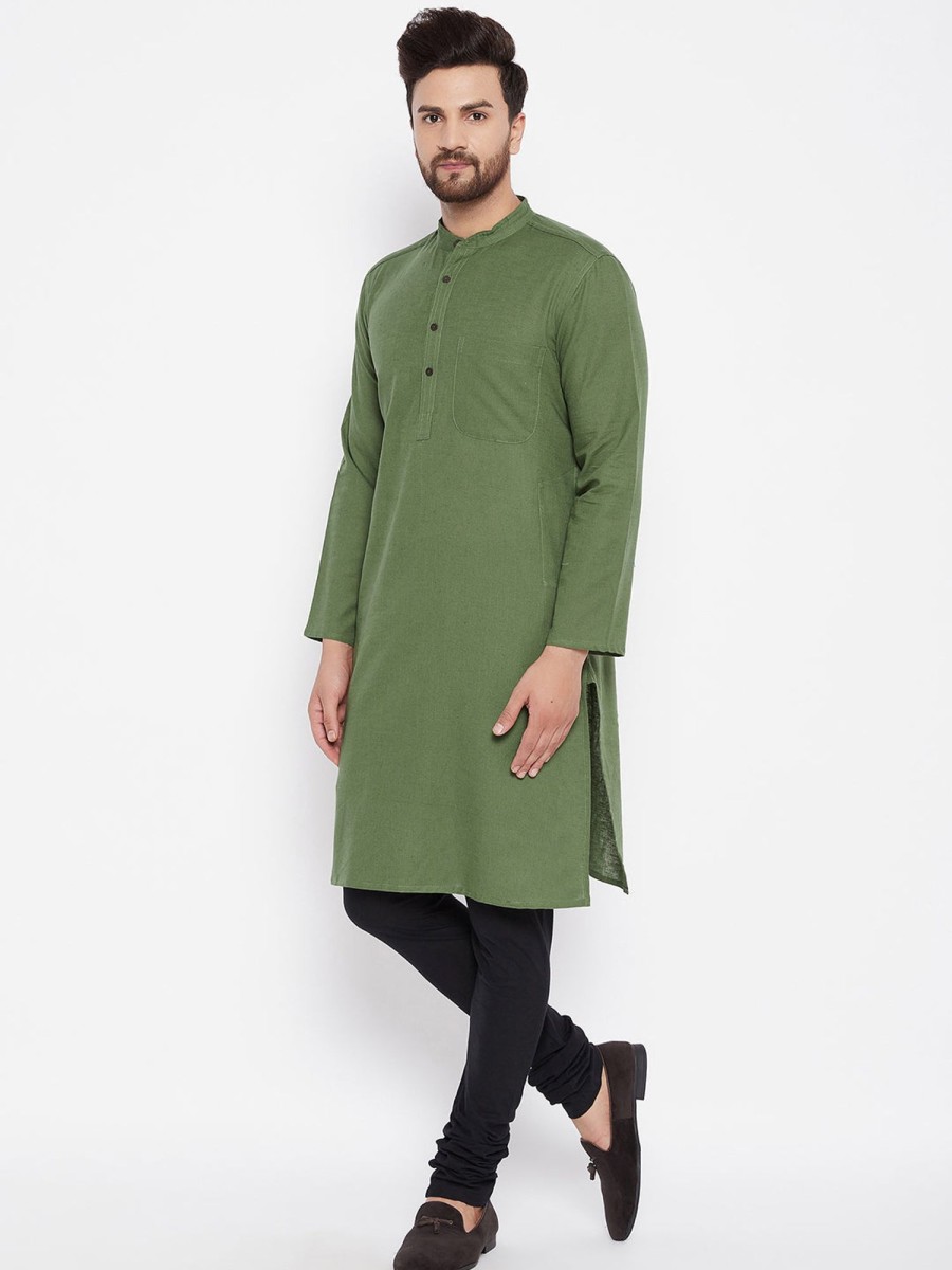 Men Even Apparels | Men'S Solid Linen Straight Kurta - Even Apparels Green