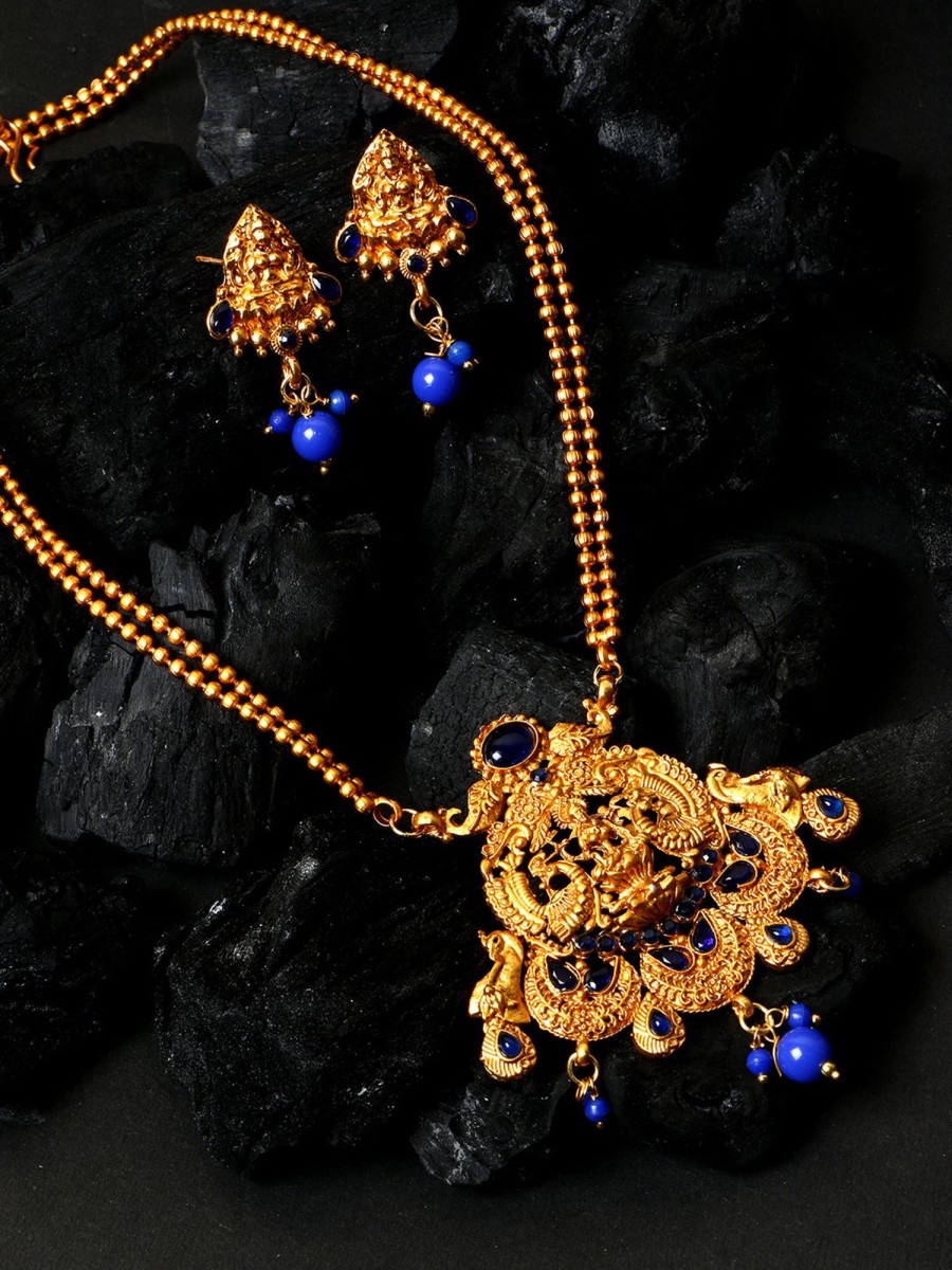 Jewellery Anikas Creation | Antique Matte Gold Finish Blue Stone Studded Temple Jewellery Set - Anikas Creation Multicolor