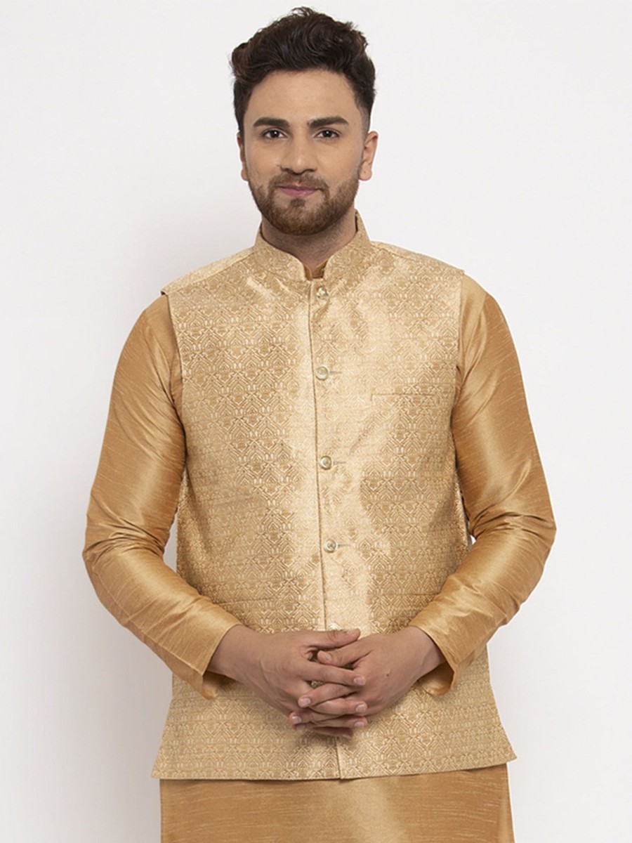 Men Virat Fashions | Men'S Gold Woven Nehru Jacket ( Jowc 4009Golden ) - Virat Fashions