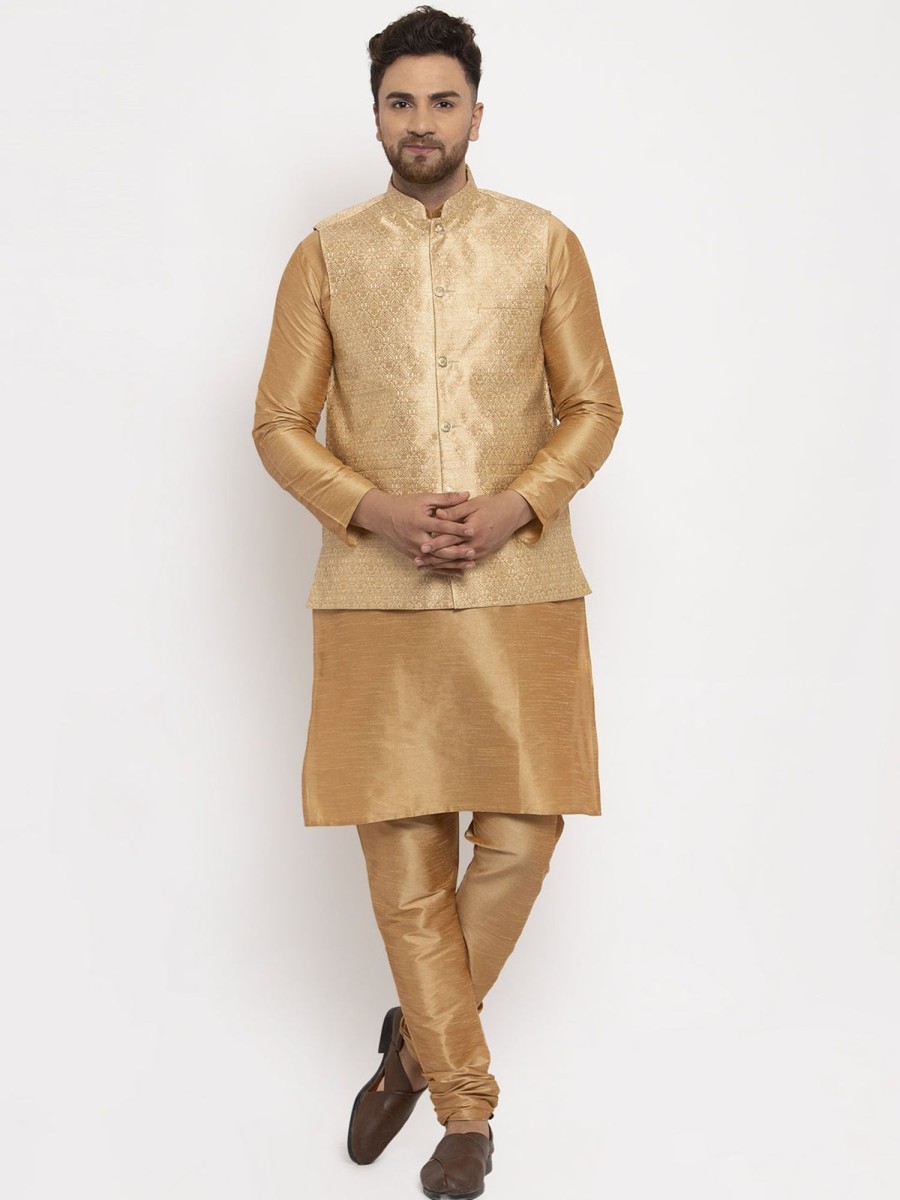 Men Virat Fashions | Men'S Gold Woven Nehru Jacket ( Jowc 4009Golden ) - Virat Fashions