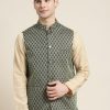 Men Sojanya | Men'S Jacquard Silk Dark Self Design Only Nehrujacket - Sojanya Green