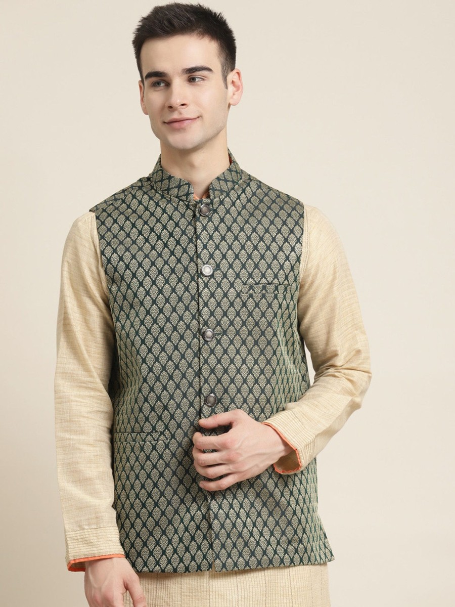 Men Sojanya | Men'S Jacquard Silk Dark Self Design Only Nehrujacket - Sojanya Green