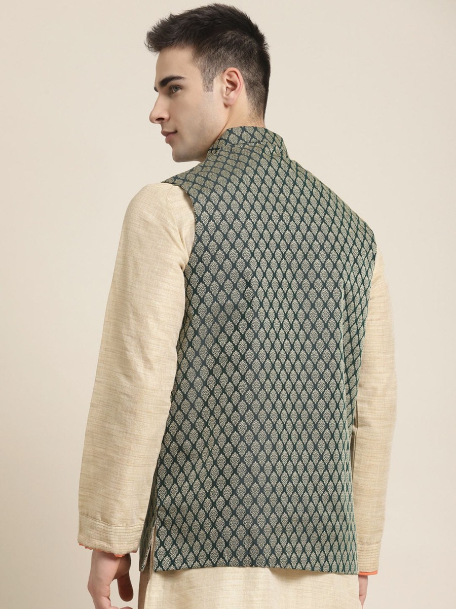 Men Sojanya | Men'S Jacquard Silk Dark Self Design Only Nehrujacket - Sojanya Green