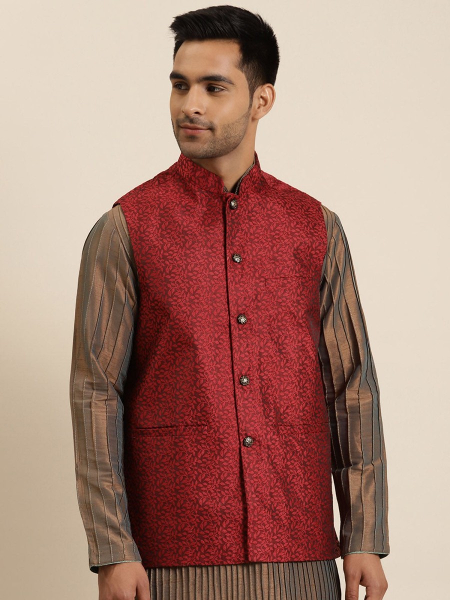 Men Sojanya | Men'S Jacquard Silk Self Design Only Nehrujacket - Sojanya Maroon