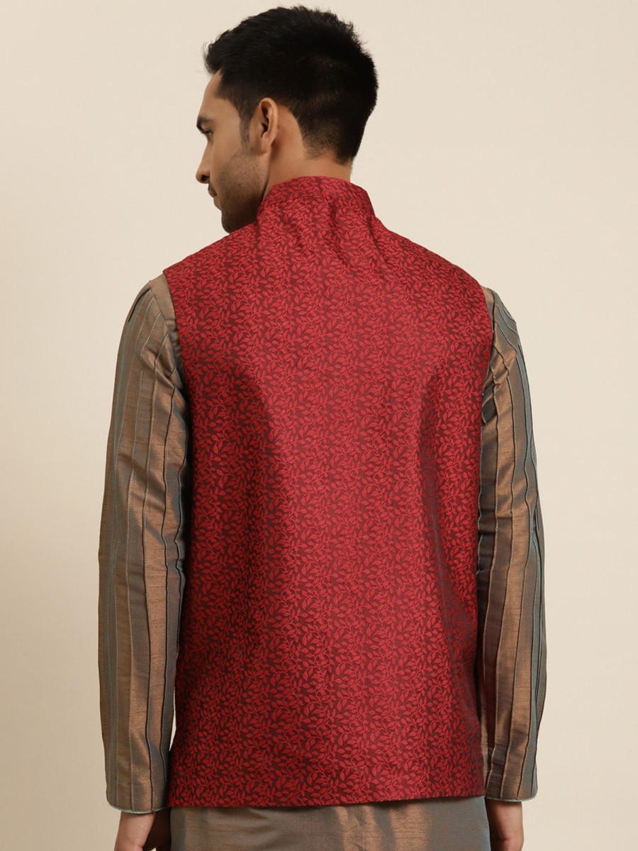 Men Sojanya | Men'S Jacquard Silk Self Design Only Nehrujacket - Sojanya Maroon