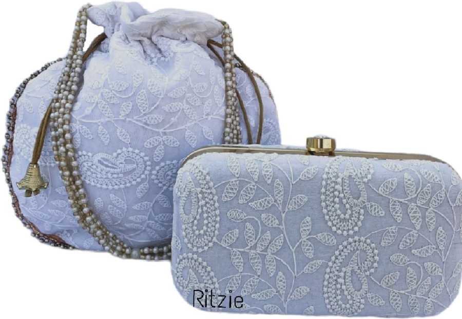 Others Ritzie | Women'S Chicken Kari Embroidery Boxclutch With Potli White - Ritzie