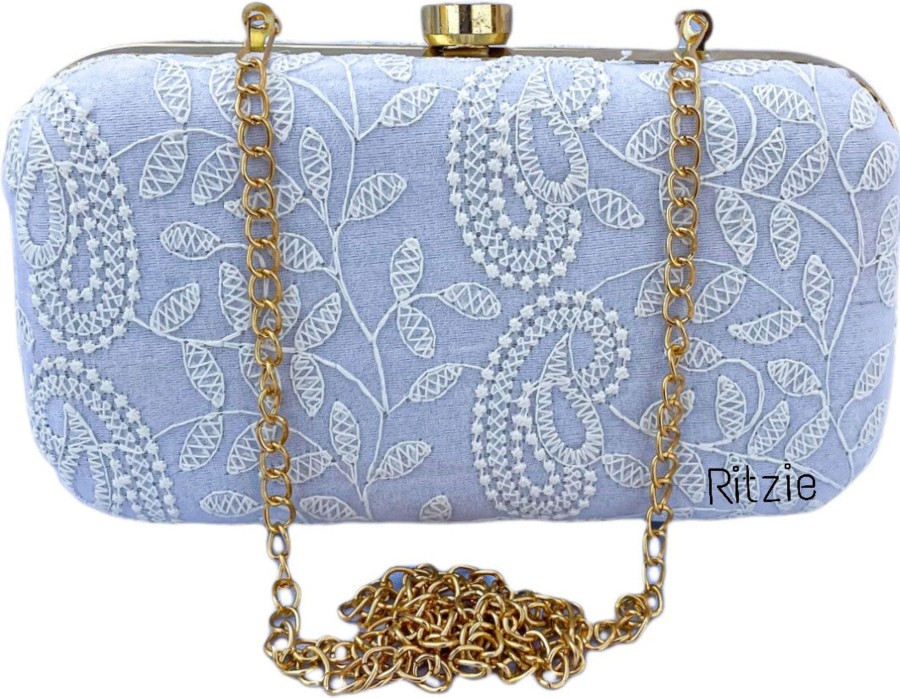 Others Ritzie | Women'S Chicken Kari Embroidery Boxclutch With Potli White - Ritzie