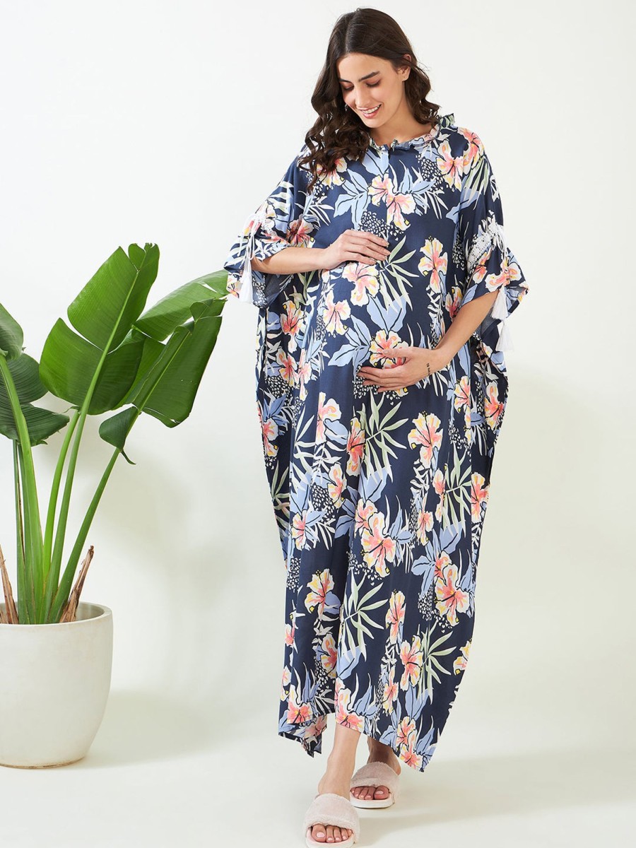 Women The Kaftan Company | Women'S Navy Blooms Maternity And Feeding Kaftan - The Kaftan Company Blue