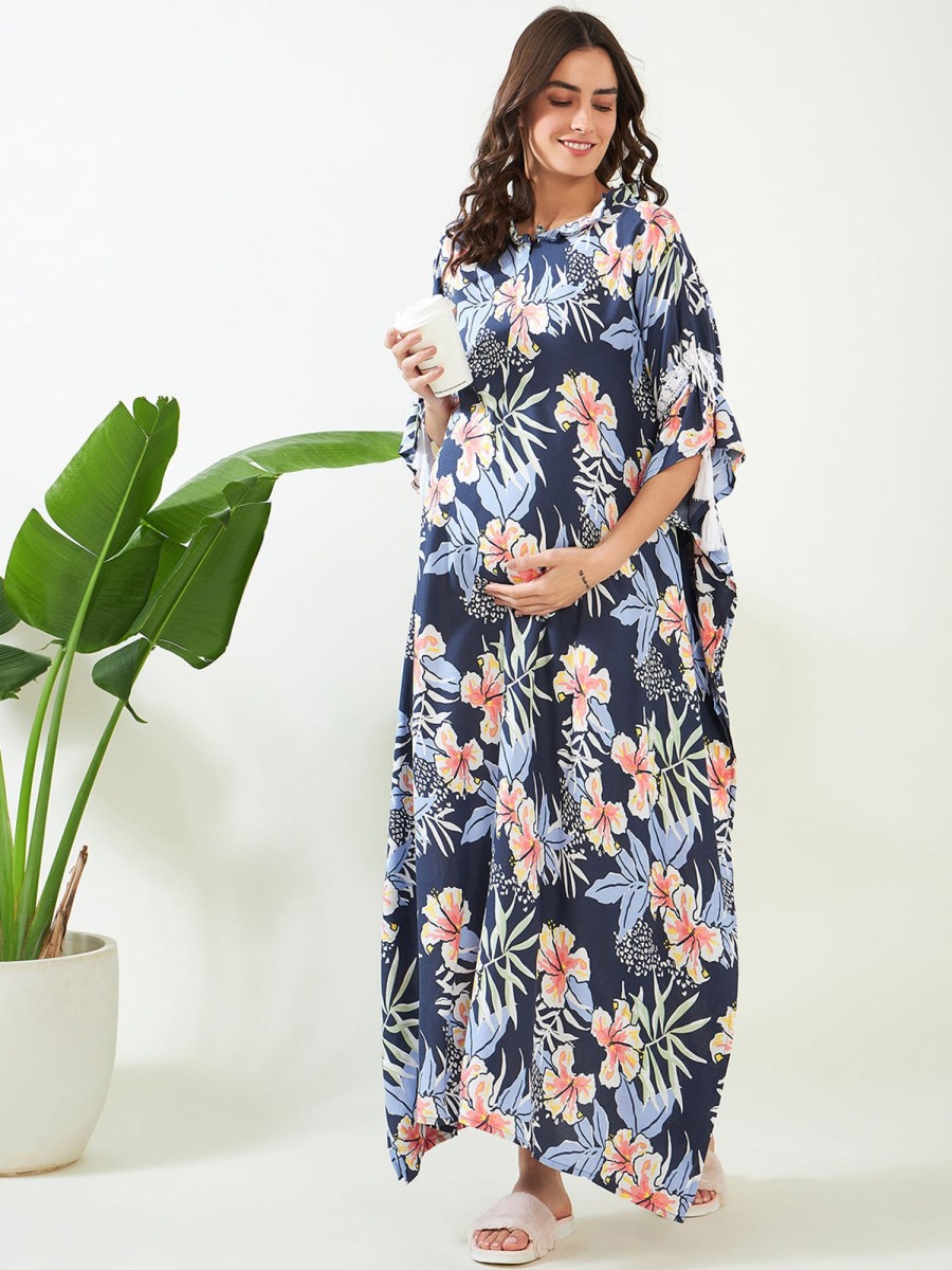 Women The Kaftan Company | Women'S Navy Blooms Maternity And Feeding Kaftan - The Kaftan Company Blue