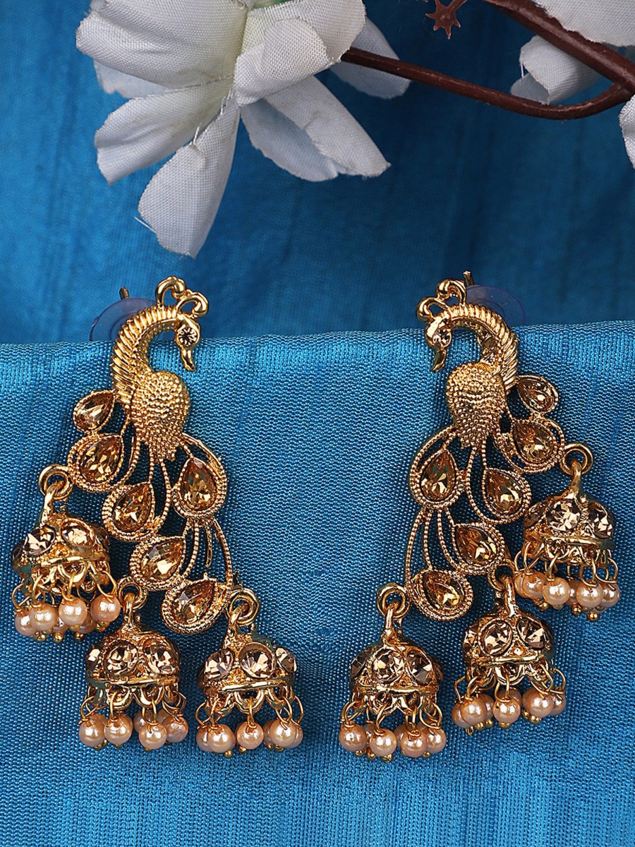 Jewellery Anikas Creation | Women'S Gold Plated Traditional Brass Peacock Cubic Zirconia 3 Jhumki Earring - Anikas Creation