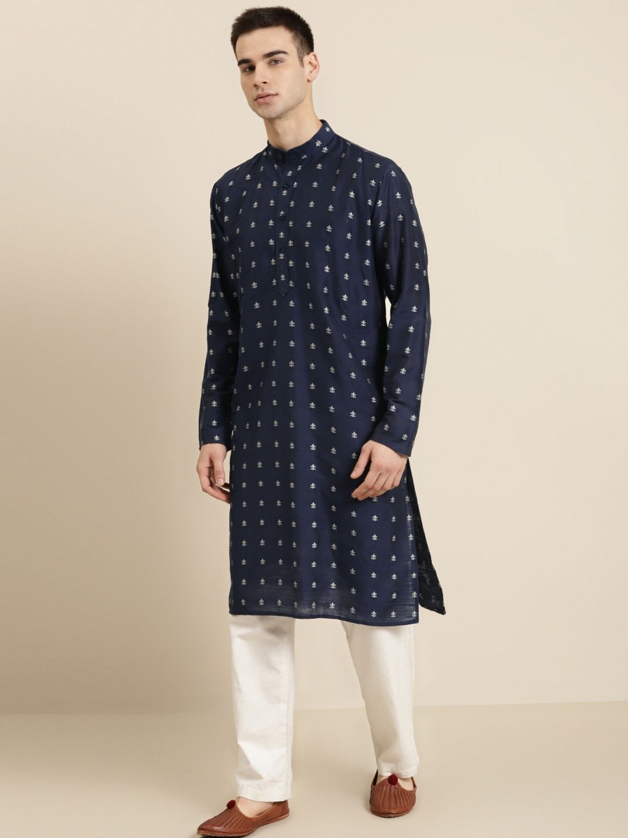 Men Sojanya | Men'S Cotton Navy U0026 Silver Self Design Only Long Kurta - Sojanya Blue