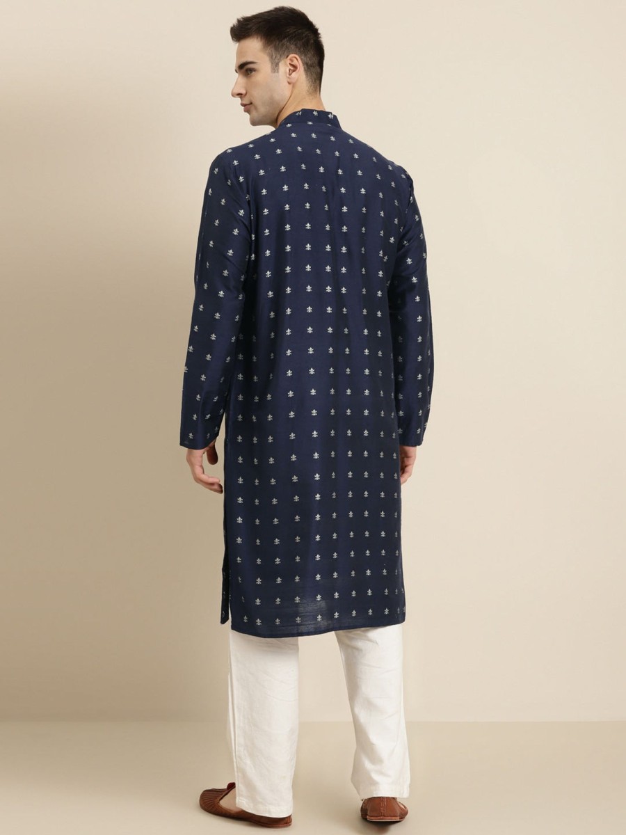 Men Sojanya | Men'S Cotton Navy U0026 Silver Self Design Only Long Kurta - Sojanya Blue