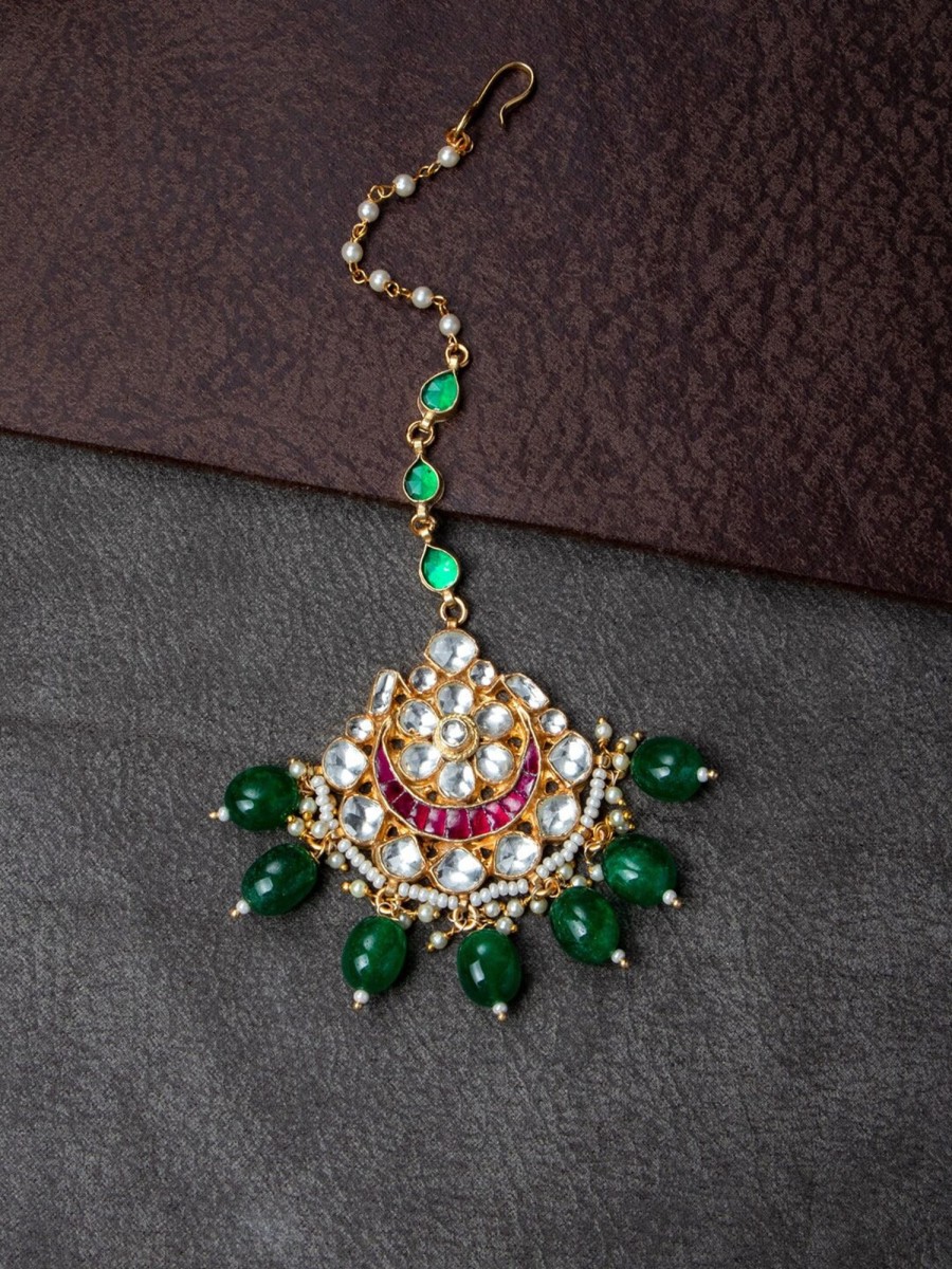 Jewellery Morkanth | Women'S Gold-Plated Green U0026 White Kundan-Studded Beaded Handcrafted Maang Tikka - Morkanth