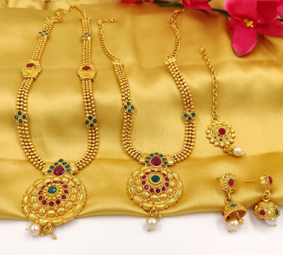 Jewellery Zaffre Collections | Women'S/Girl'S Glittering Plated Dual Necklace With Maang Tikka - Zaffre Collections Gold