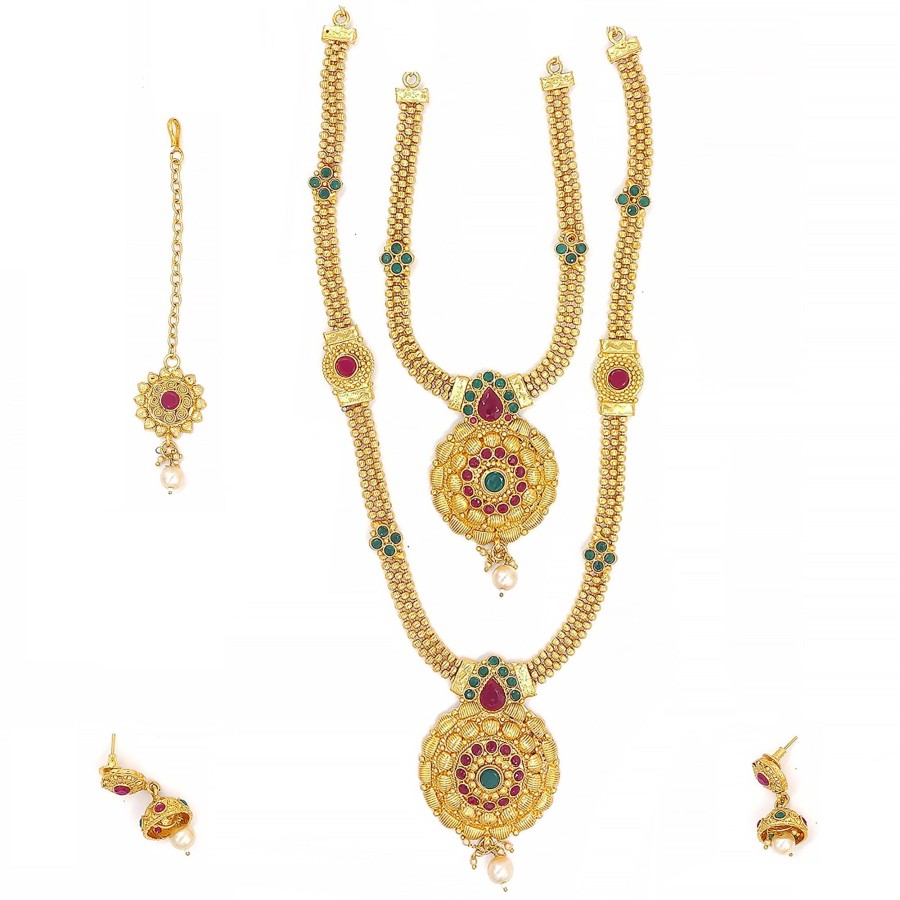 Jewellery Zaffre Collections | Women'S/Girl'S Glittering Plated Dual Necklace With Maang Tikka - Zaffre Collections Gold