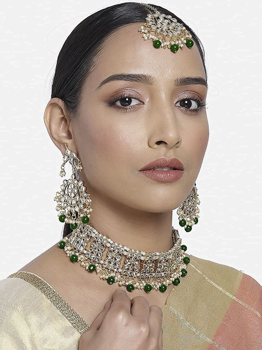 Jewellery I Jewels | Women'S Gold Plated Kundan U0026 Pearl Studded Choker Jeweller Set With Earrings U0026 Maang Tikka - I Jewels Green