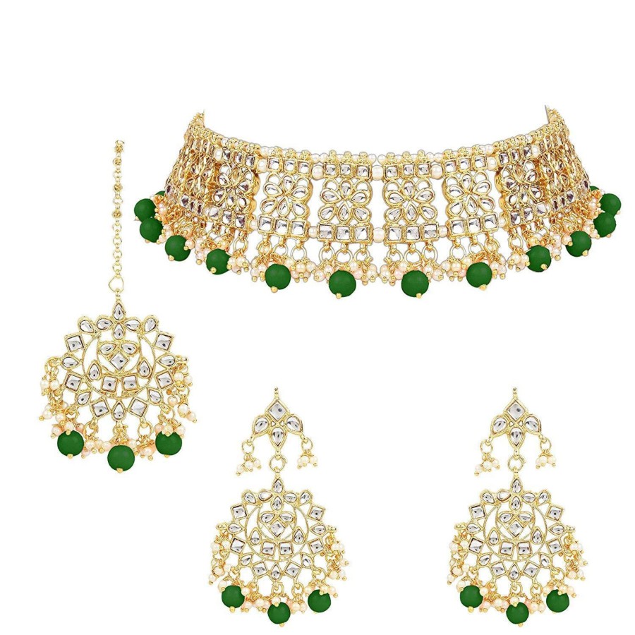 Jewellery I Jewels | Women'S Gold Plated Kundan U0026 Pearl Studded Choker Jeweller Set With Earrings U0026 Maang Tikka - I Jewels Green