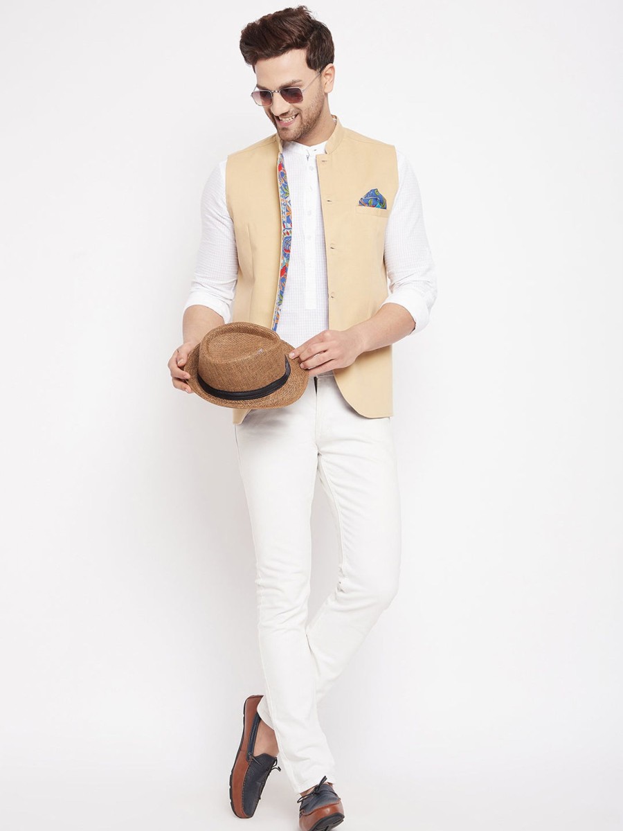 Men Even Apparels | Men'S Beige Color Nehru Jacket-Contrast Lining-Inbuilt Pocket Square - Even Apparels