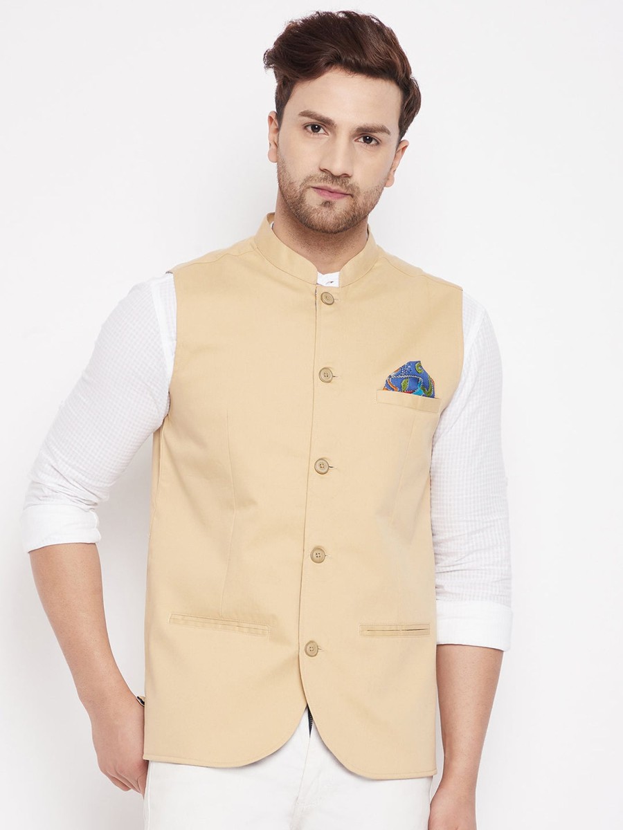 Men Even Apparels | Men'S Beige Color Nehru Jacket-Contrast Lining-Inbuilt Pocket Square - Even Apparels