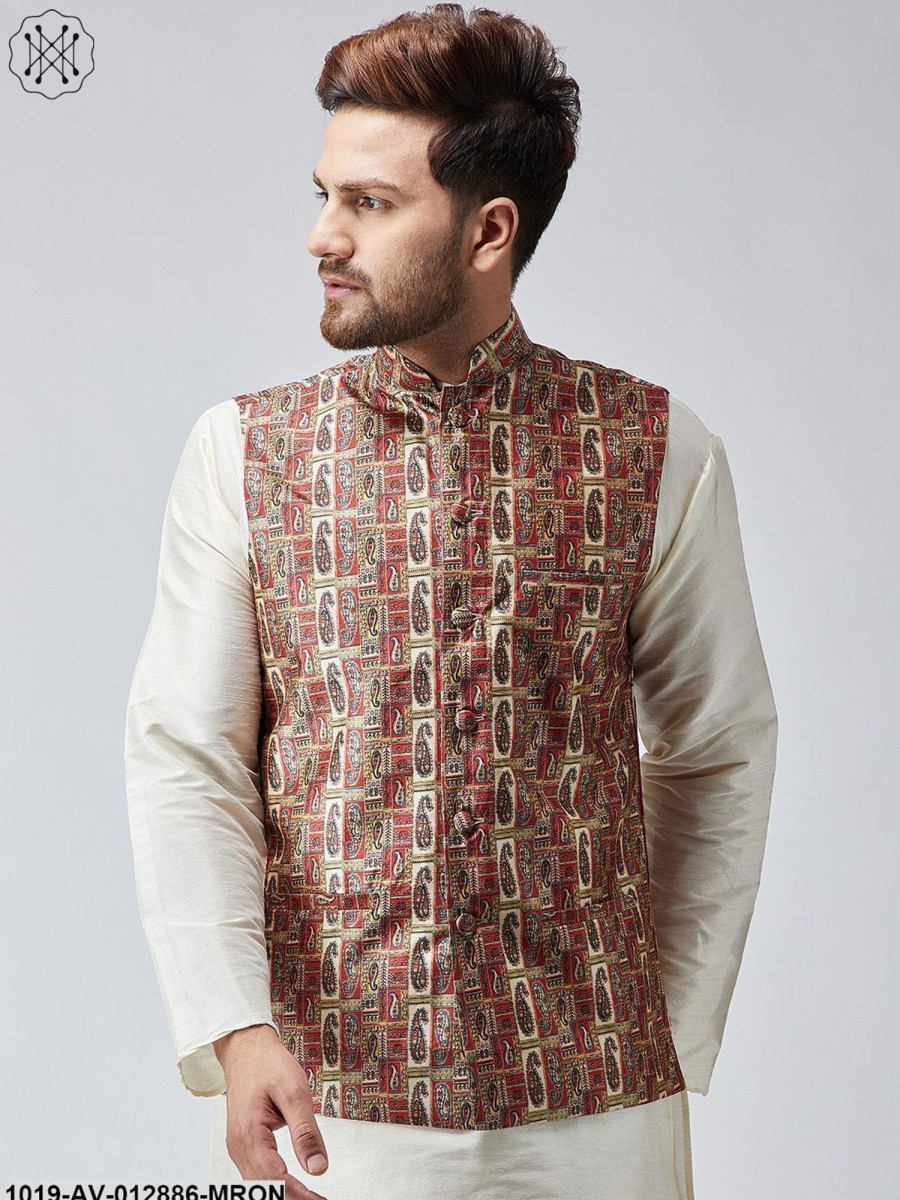 Men Sojanya | Men'S Maroon Printed Nehru Jacket - Sojanya