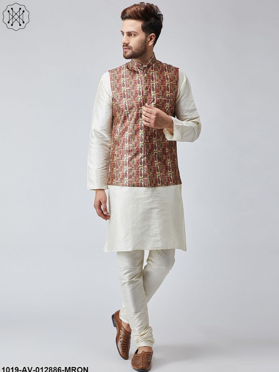 Men Sojanya | Men'S Maroon Printed Nehru Jacket - Sojanya