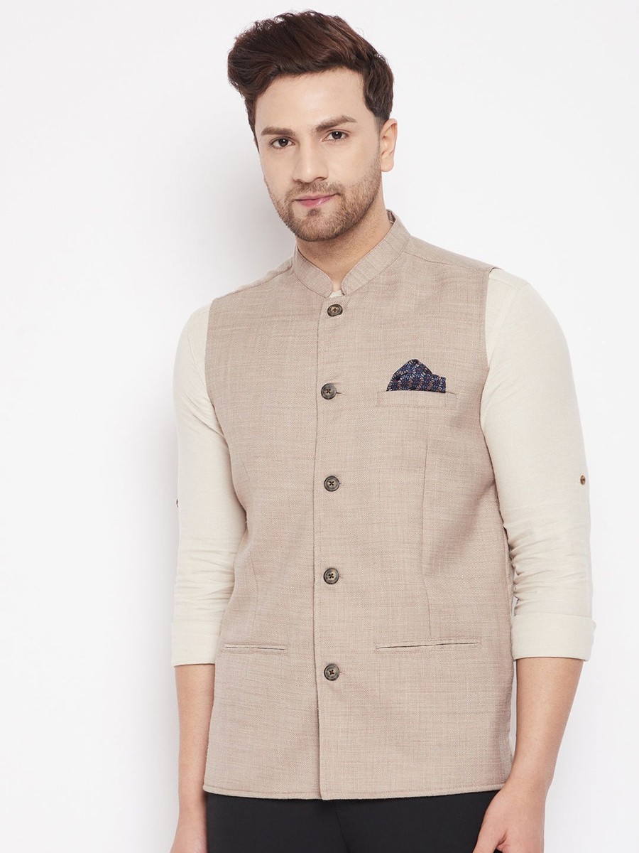 Men Even Apparels | Men'S Cream Color Nehru Jacket-Contrast Lining-Inbuilt Pocket Square - Even Apparels