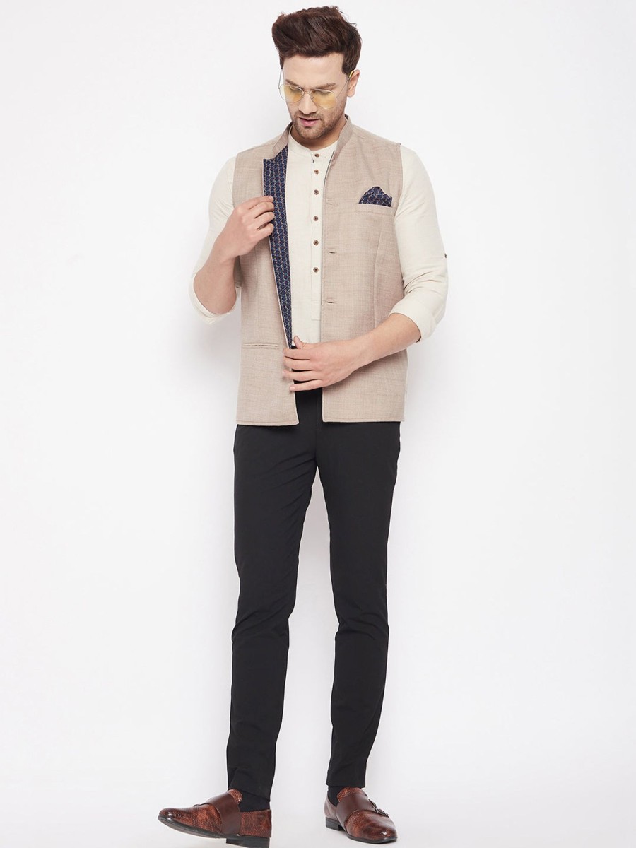 Men Even Apparels | Men'S Cream Color Nehru Jacket-Contrast Lining-Inbuilt Pocket Square - Even Apparels