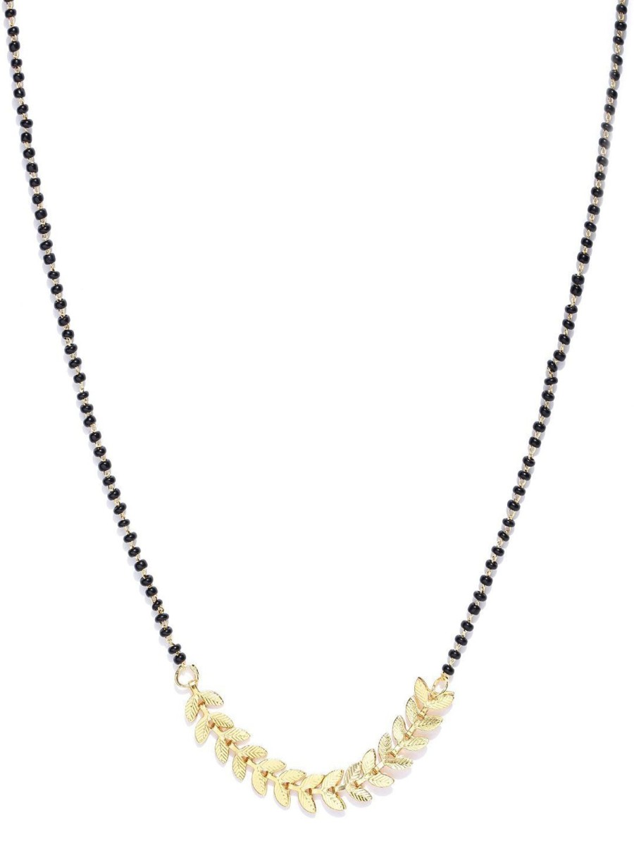 Jewellery Priyaasi | Women'S Gold-Plated Leaf Designed Black Beads Chain Mangalsutra - Priyaasi