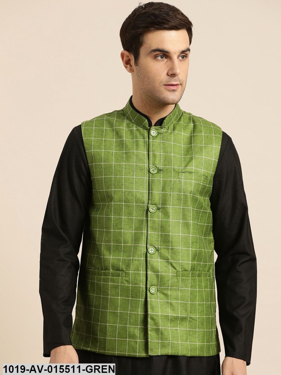 Men Sojanya | Men'S Cotton Blend Green U0026 Off White Checked Nehru Jacket - Sojanya