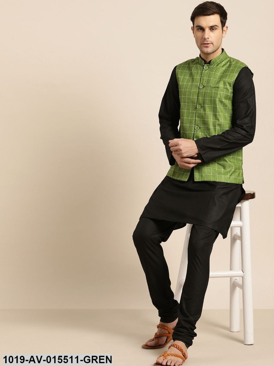 Men Sojanya | Men'S Cotton Blend Green U0026 Off White Checked Nehru Jacket - Sojanya