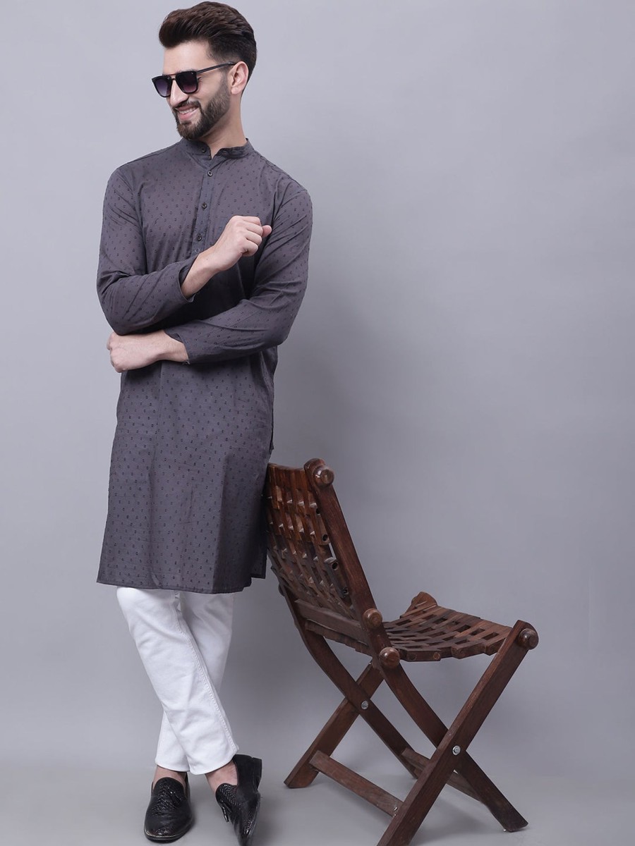 Men Even Apparels | Men'S Pure Cotton Kurta With Band Collar - Even Apparels Grey