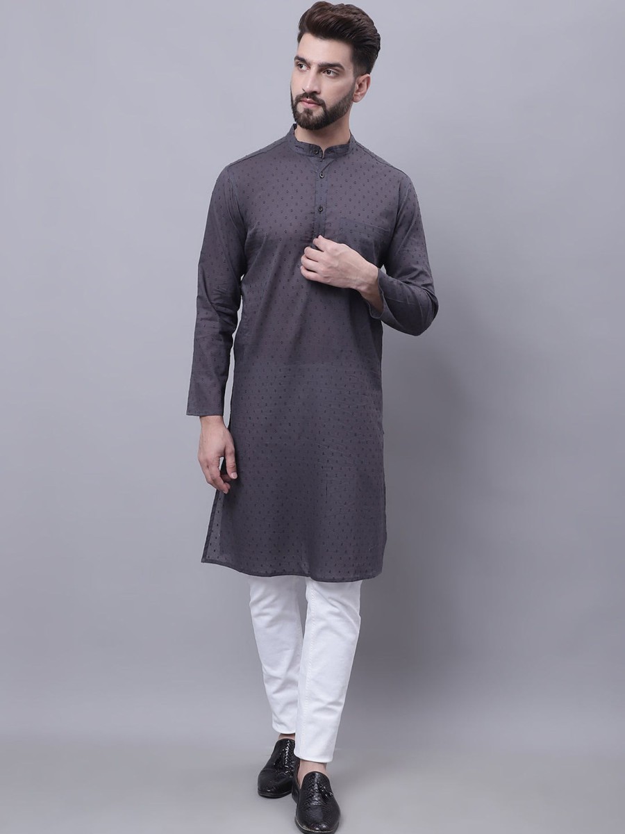 Men Even Apparels | Men'S Pure Cotton Kurta With Band Collar - Even Apparels Grey