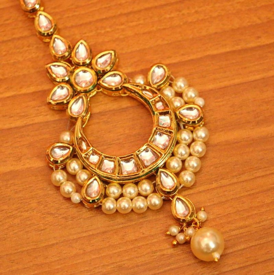 Jewellery Sanvi Jewels | Women'S Kundan Meenakari Pearl Weeding Maang Tikka - Sanvi Jewels White