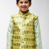 Men Sojanya KID | Kid'S Silk Blend Lime Green Printed Only Nehrujacket - Sojanya Kid Limegreen & Dark Green