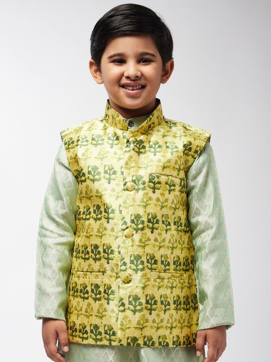 Men Sojanya KID | Kid'S Silk Blend Lime Green Printed Only Nehrujacket - Sojanya Kid Limegreen & Dark Green