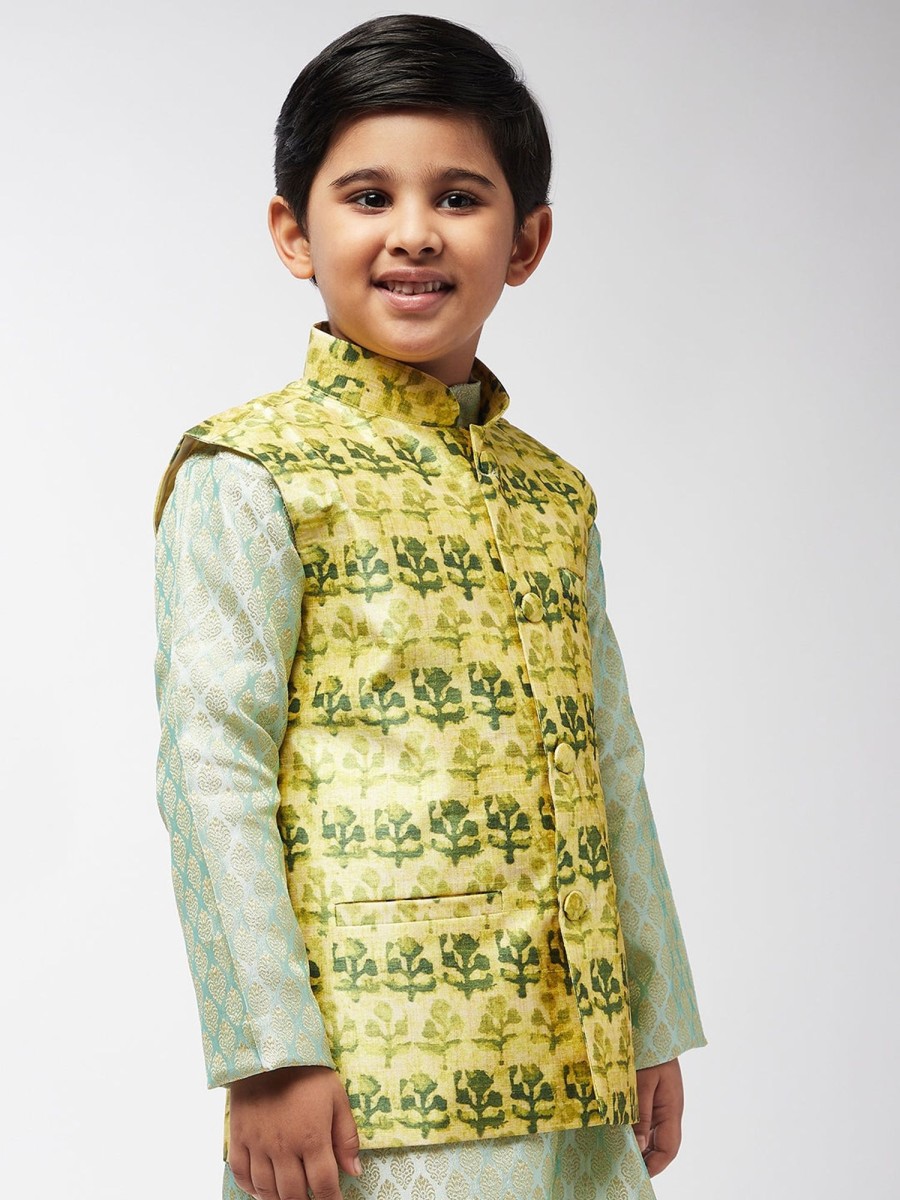 Men Sojanya KID | Kid'S Silk Blend Lime Green Printed Only Nehrujacket - Sojanya Kid Limegreen & Dark Green