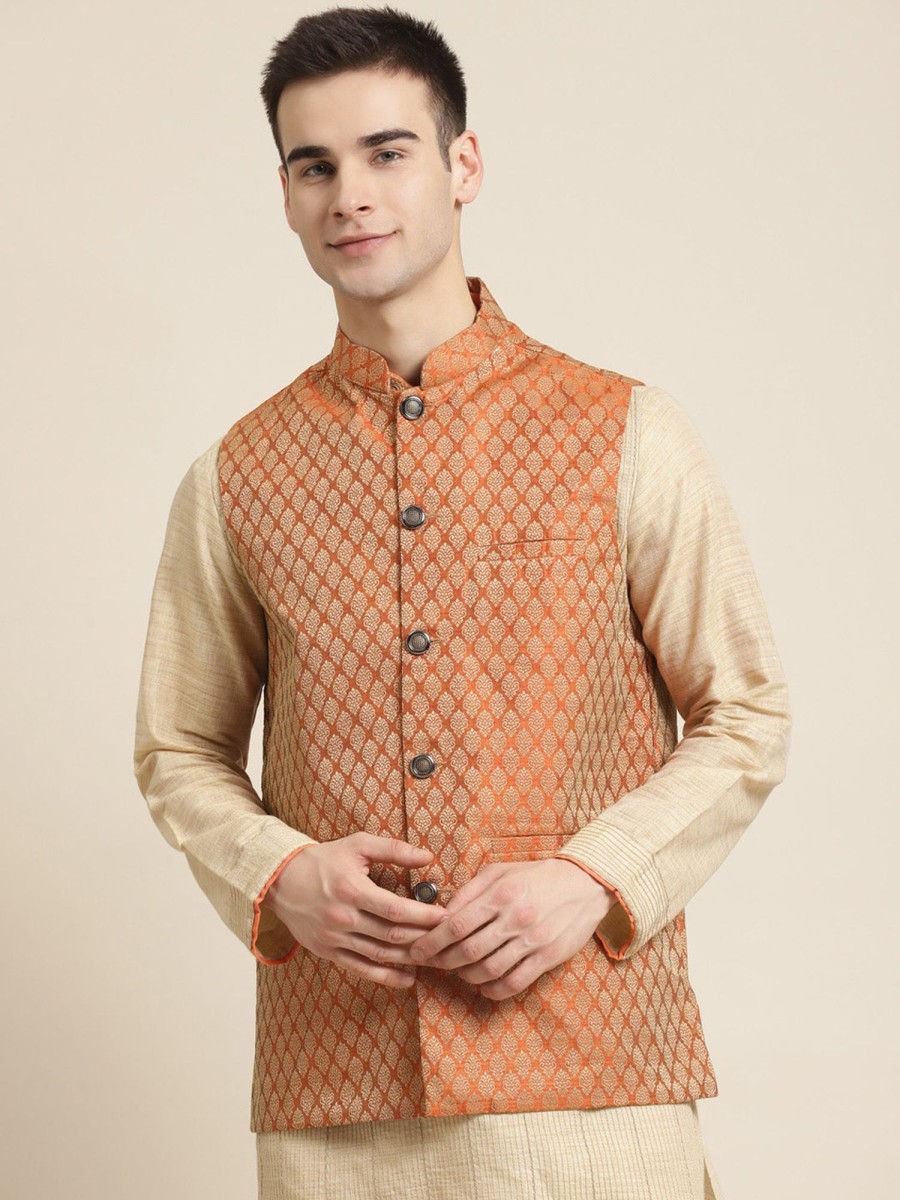 Men Sojanya | Men'S Jacquard Silk Self Design Only Nehrujacket - Sojanya Orange