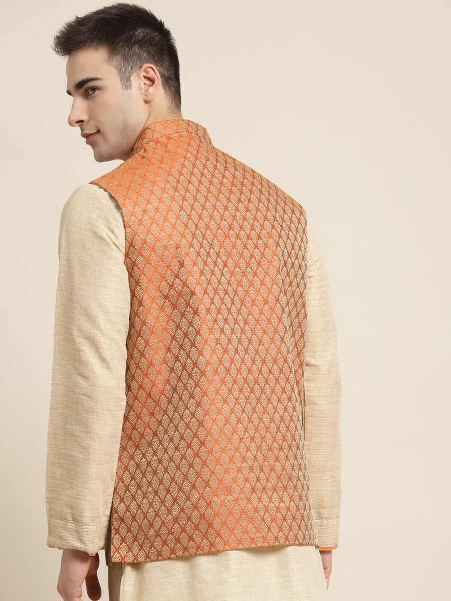 Men Sojanya | Men'S Jacquard Silk Self Design Only Nehrujacket - Sojanya Orange