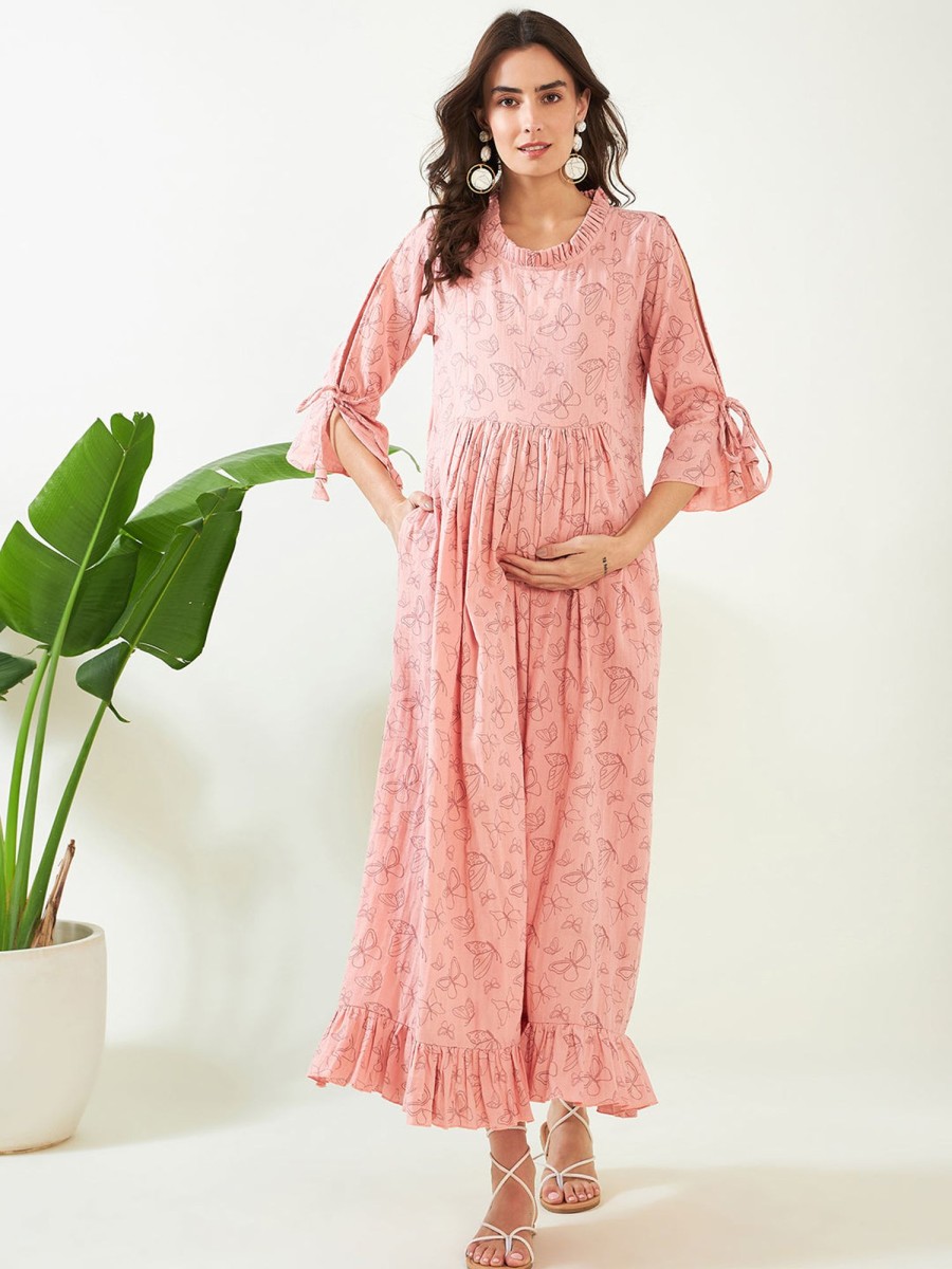 Women The Kaftan Company | Women'S Peach Butterfly Maternity And Feeding Nightdress - The Kaftan Company Pink