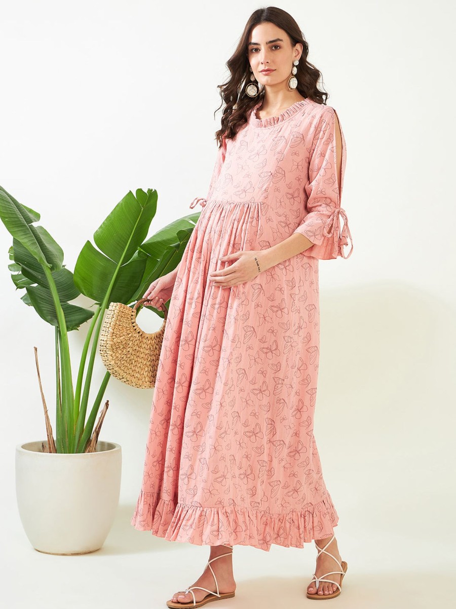 Women The Kaftan Company | Women'S Peach Butterfly Maternity And Feeding Nightdress - The Kaftan Company Pink