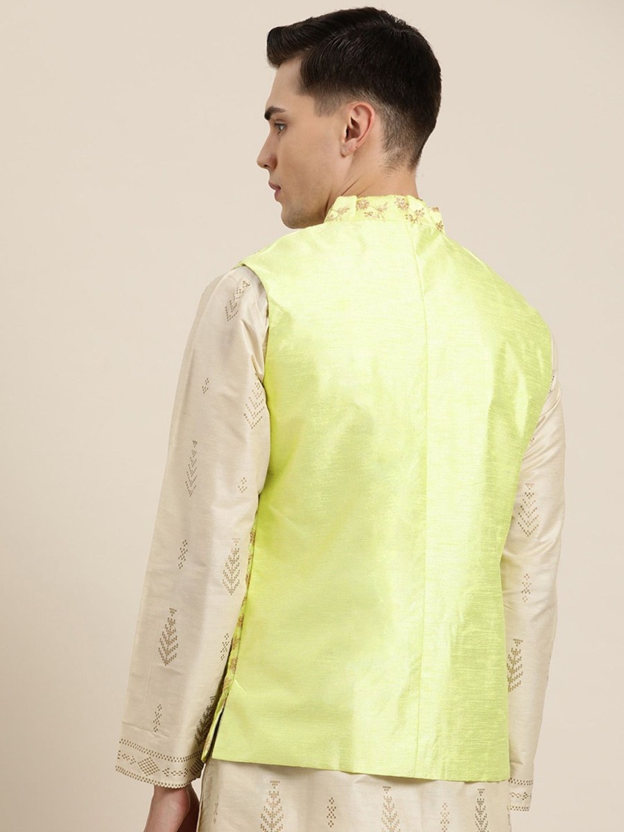 Men Sojanya | Men'S Silk Blend Lime U0026 Gold Embroidered Only Nehrujacket - Sojanya Green